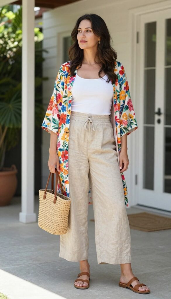 10. Kimono + Camisole + Linen Pants