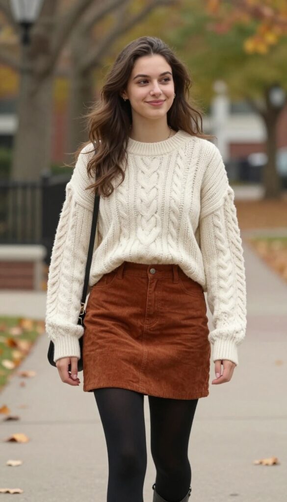 15. Cable-Knit Sweater + Corduroy Mini Skirt + Tights + Loafers