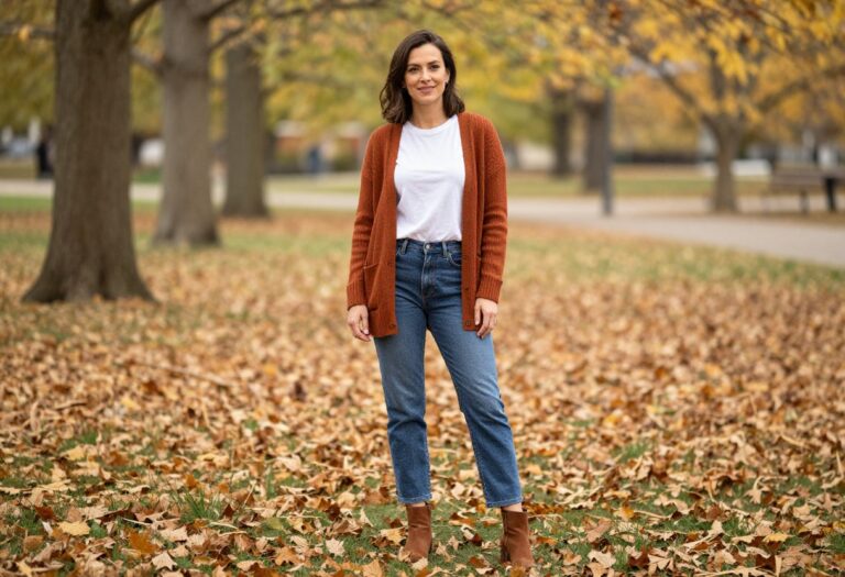 Mom wearing rust cardigan, white tee, straight-leg jeans, and ankle boots in fall park