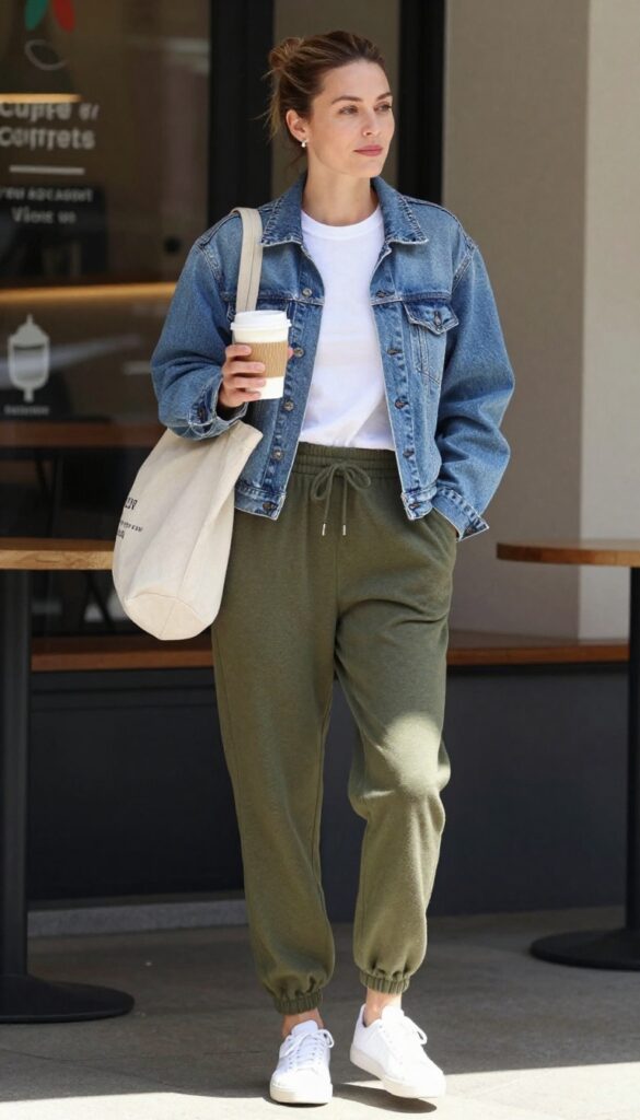 2. The Coffee-Run Chic: Joggers + Fitted Tee + Denim Jacket + White Sneakers