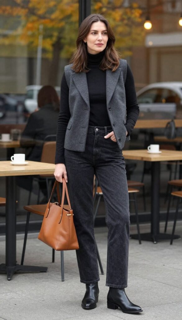 11. Structured Vest + Turtleneck + Straight-Leg Jeans