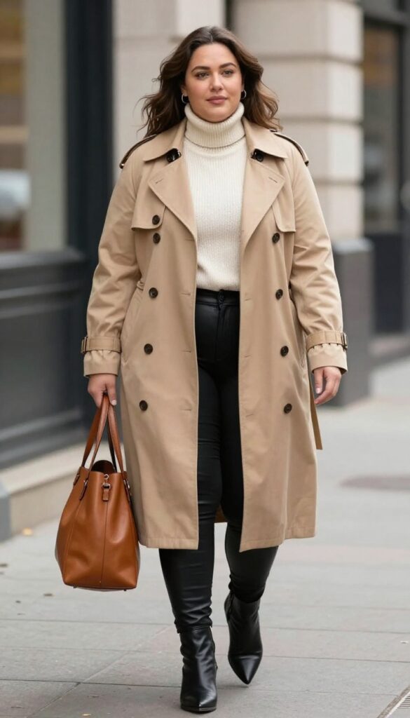 7. Trench Coat + Turtleneck + Leather-Look Leggings