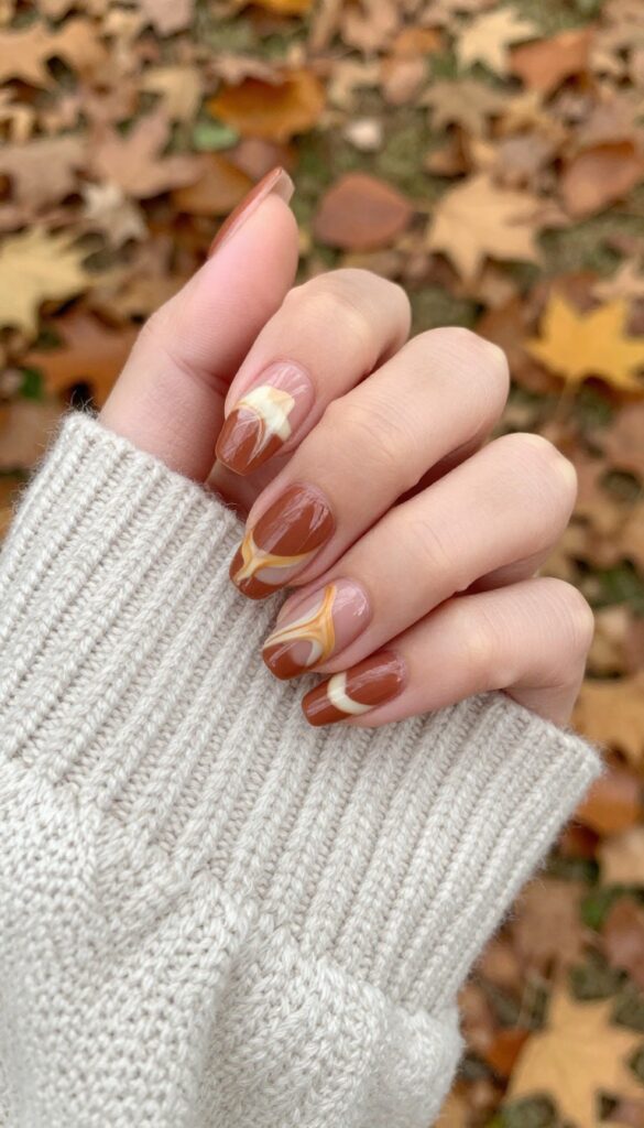 Cinnamon swirl nails with cream and orange marbled design on almond-shaped nails