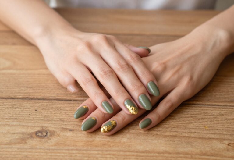 Olive green nails with gold foil accents on a rustic wooden table