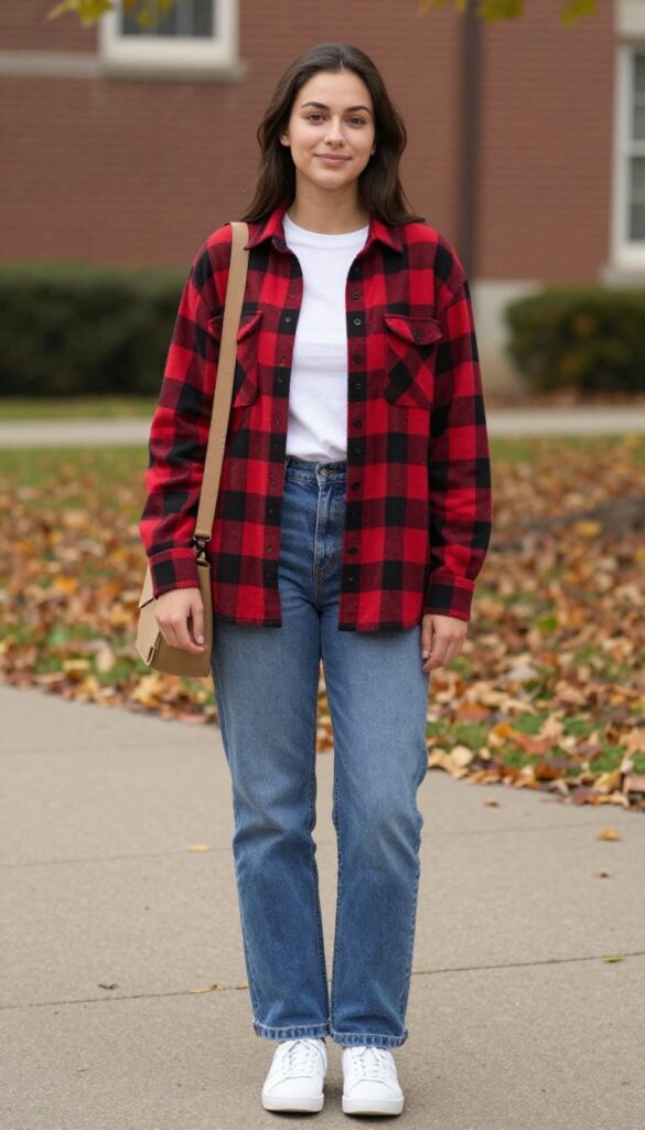 4. Flannel Shirt + White Tee + Straight-Leg Jeans