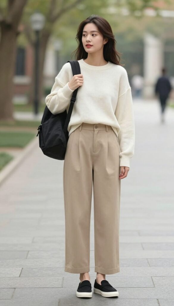 5. Wide-Leg Trousers + Cropped Sweater + Slip-Ons