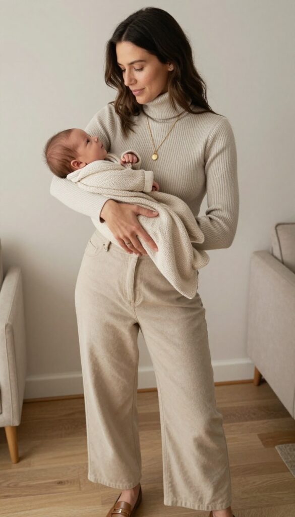 3. Neutral Tones: Beige Turtleneck and Wide-Leg Pants