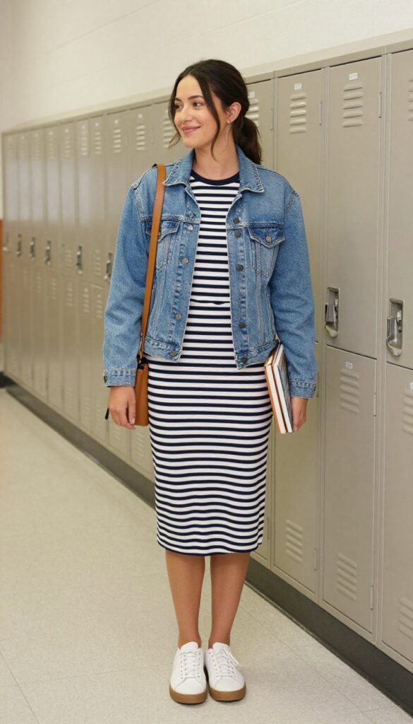 2. Striped Midi Dress + Denim Jacket + Sneakers