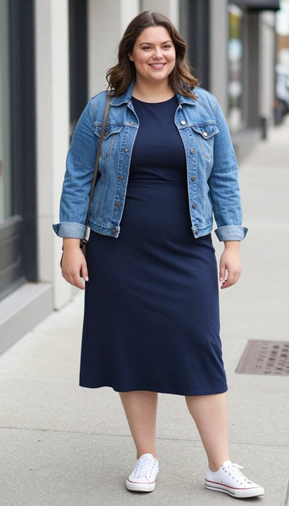 4. A-Line Dress + a Denim Jacket + White Sneakers
