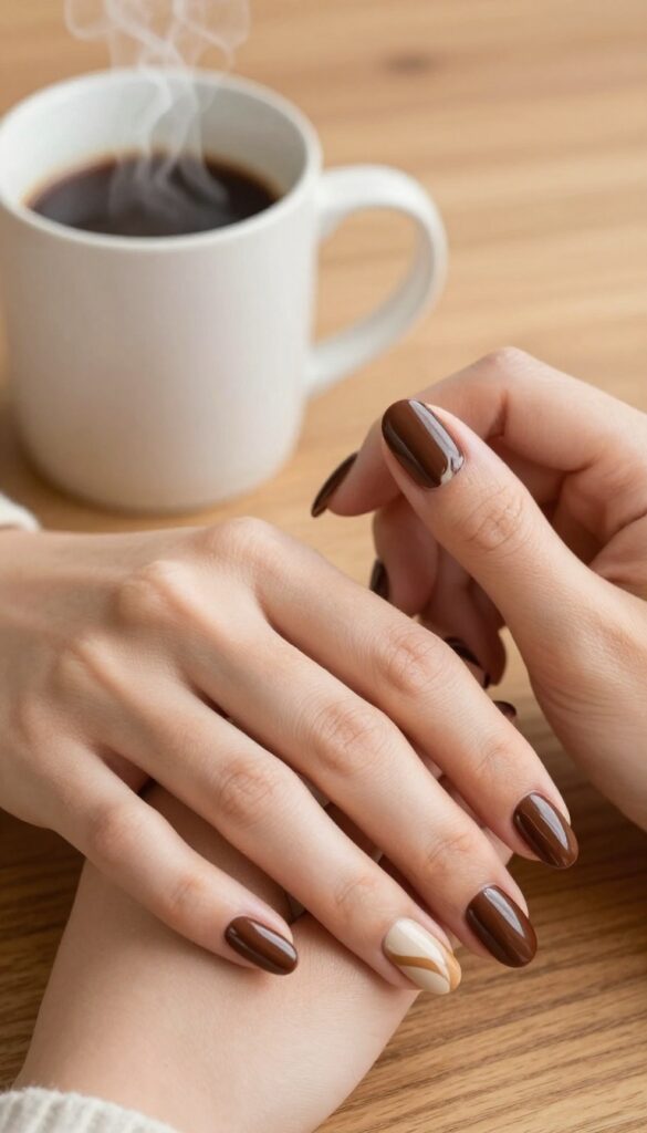 Cocoa swirl nails with deep brown base and creamy beige swirls, glossy finish, medium almond shape