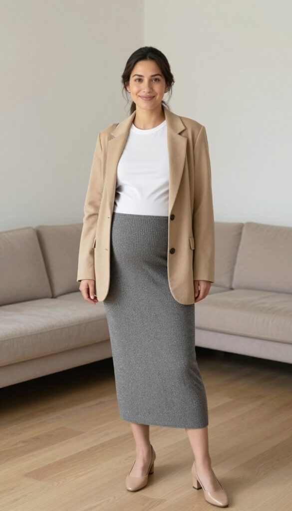 5. Soft Knit Midi Skirt with a Fitted Tee and Blazer