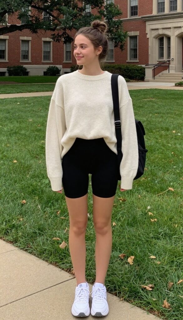 1. Oversized Sweater + Biker Shorts + Chunky Sneakers