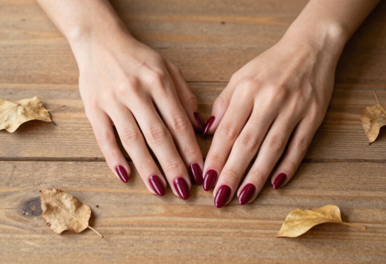 Glossy cranberry almond nails on a woman's hands with fall leaves