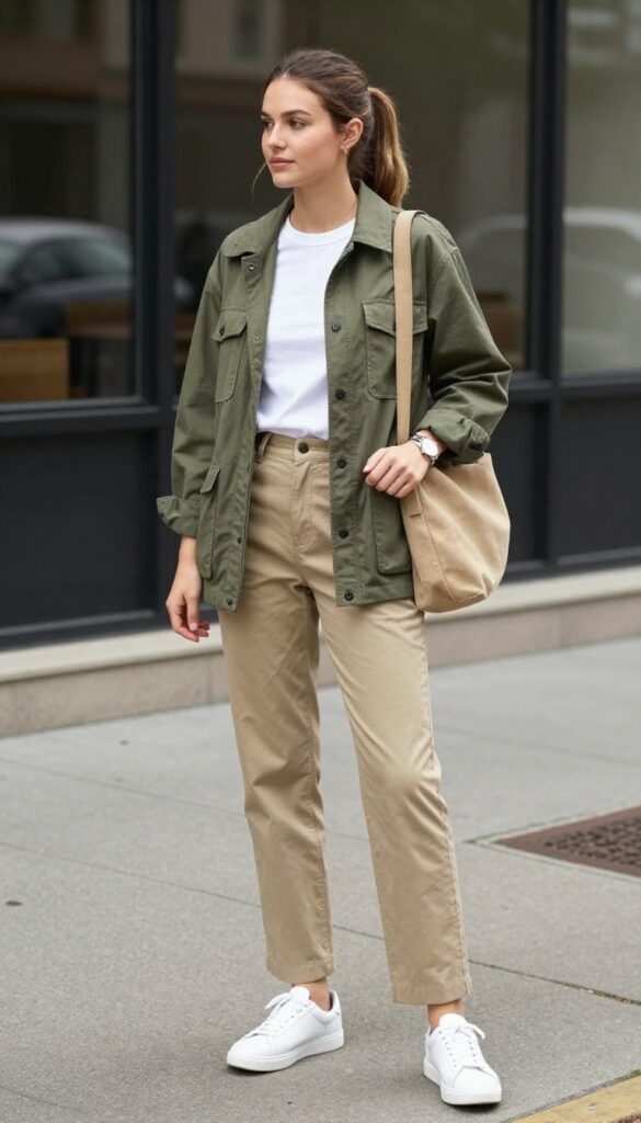 4. Olive Utility Jacket, White Tee, and Khakis