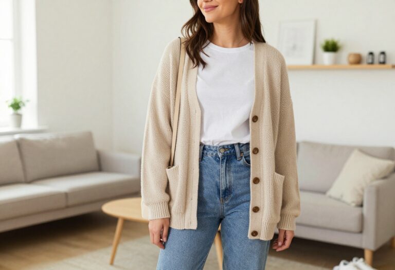 Mom wearing oversized cardigan, tee, and jeans in a bright living room