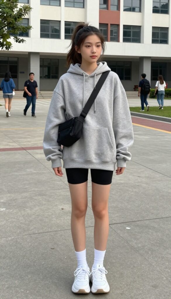 4. Oversized Hoodie and Biker Shorts