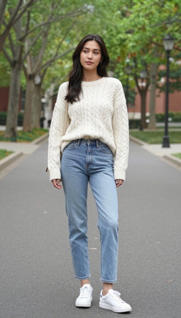 1. Cream Sweater + Light Wash Jeans + White Sneakers