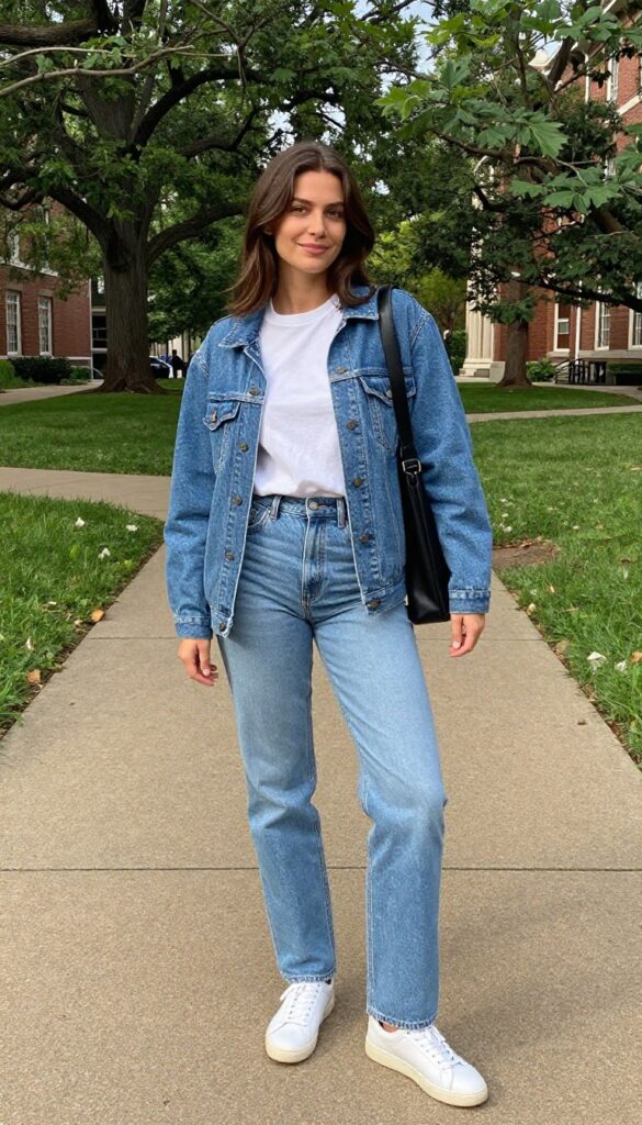 1. Classic Blue Jeans + White Tee + Denim Jacket