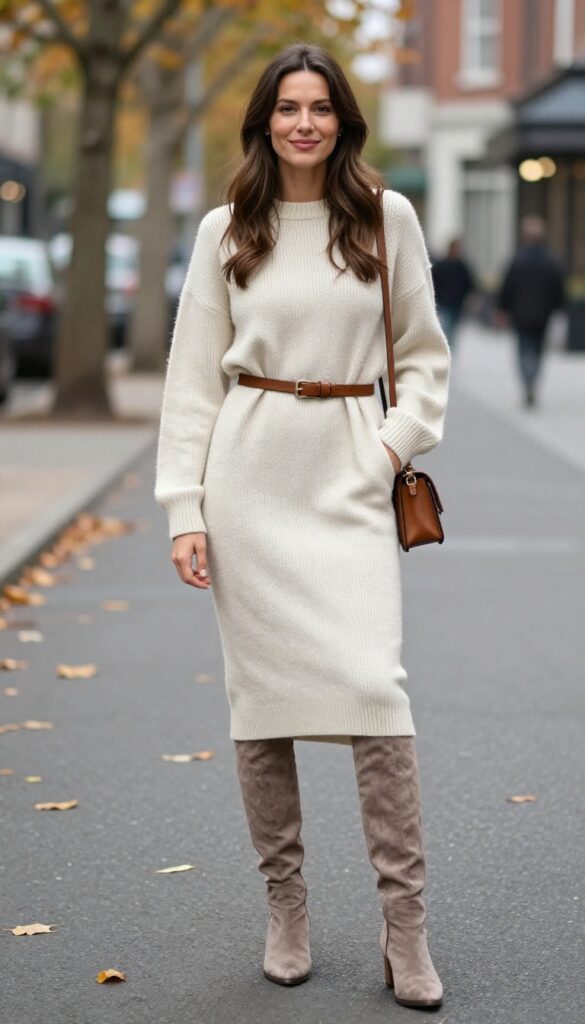 12. Sweater Dress + Belt + Over-the-Knee Boots + Crossbody Bag