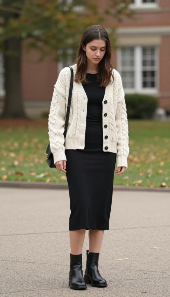 4. Cable-Knit Cardigan with Slip Dress and Ankle Boots
