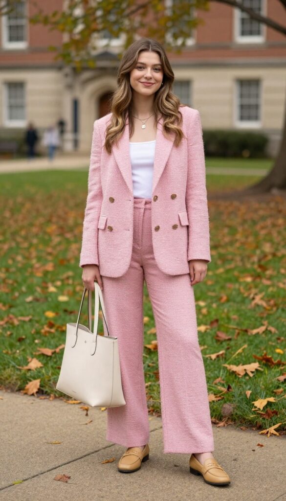 10. Tweed Blazer with Wide-Leg Trousers
