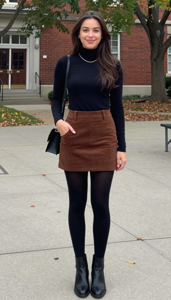 11. Turtleneck and Corduroy Mini Skirt