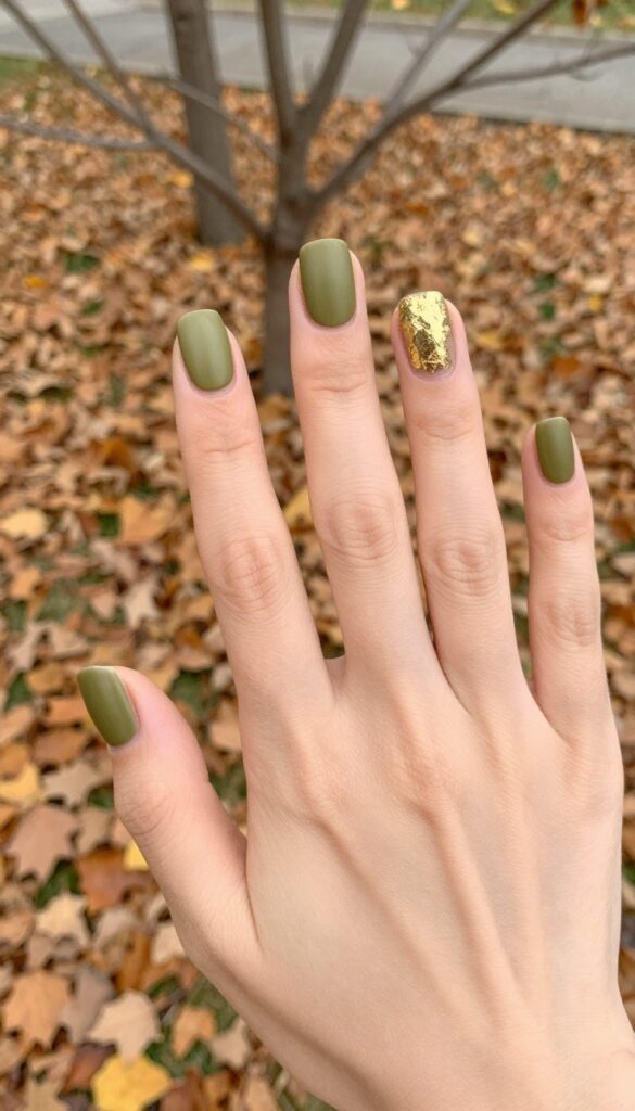 Olive green nails with gold foil accents
