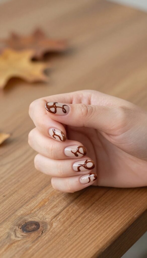 Short nails with chocolate swirl design, brown base with darker brown swirls, glossy finish, autumn manicure