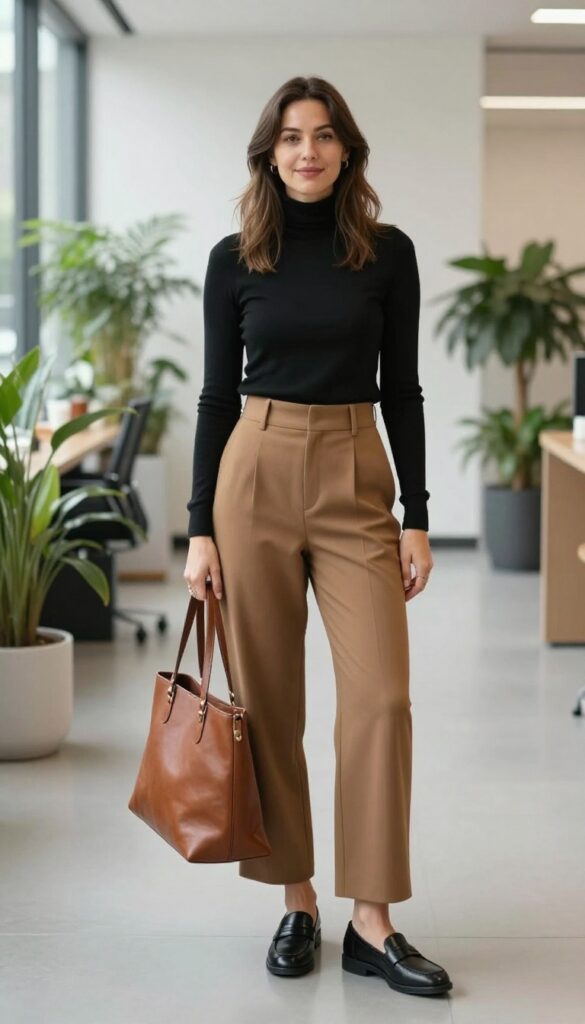 3. Wide-Leg Trousers + Fitted Turtleneck + Loafers