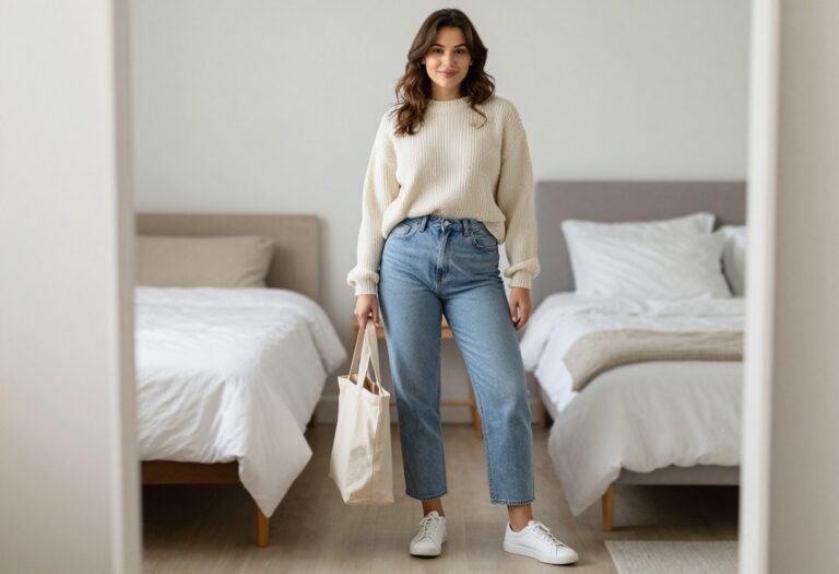 Young woman in cozy cream sweater, straight-leg jeans, and white sneakers standing in a bright bedroom, holding a canvas tote bag.