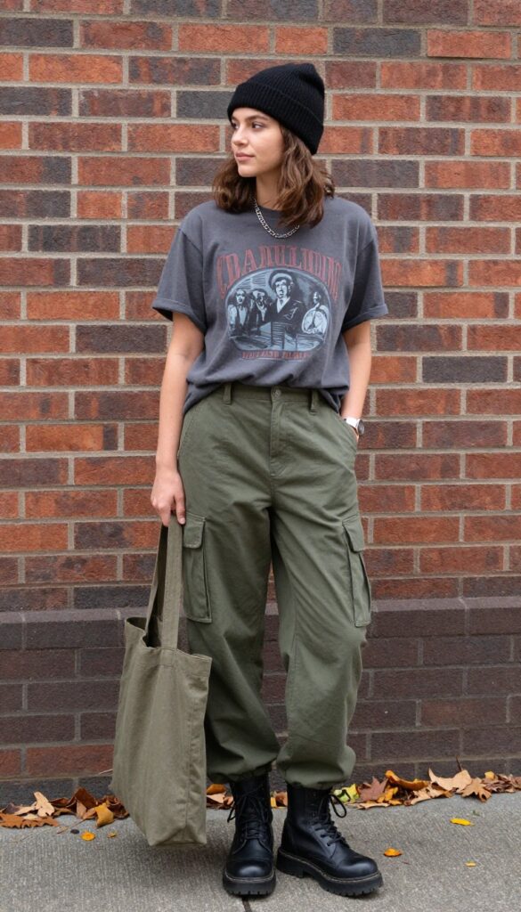 5. Graphic Tee + Cargo Pants + Combat Boots