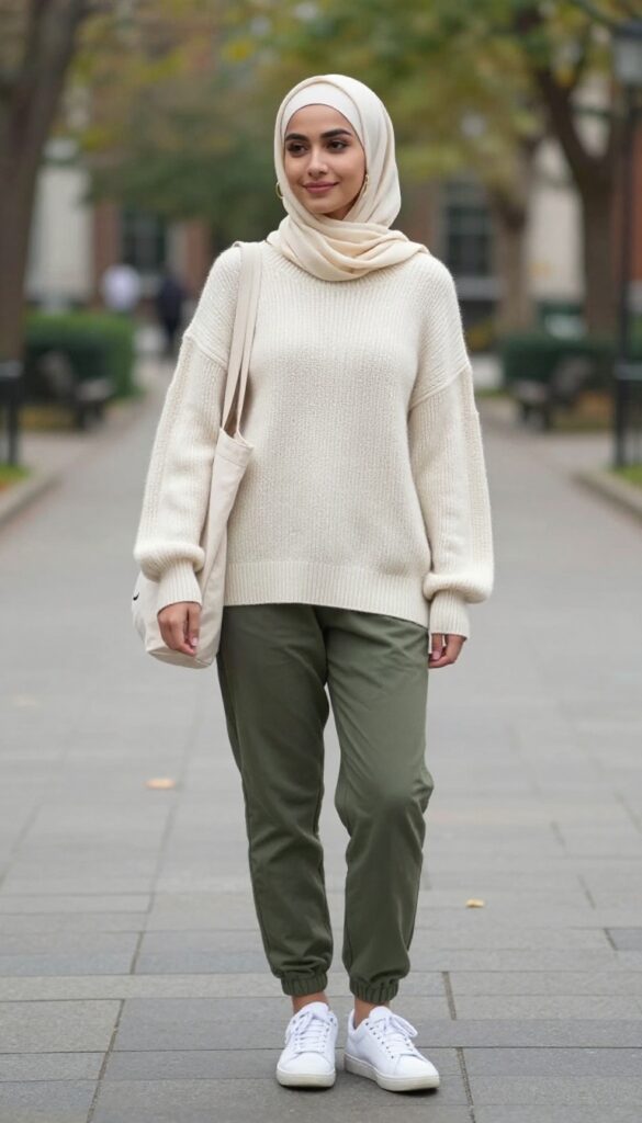 1. Cream Knit Sweater and Olive Joggers