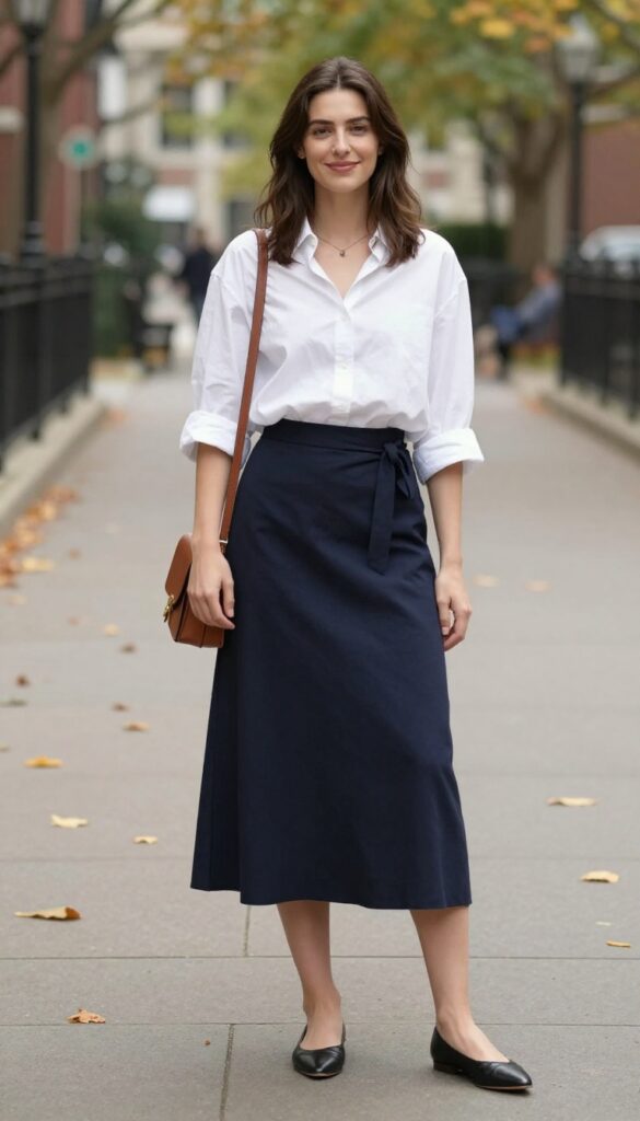 6. Button-Down Shirt + Wrap Skirt + Ballet Flats