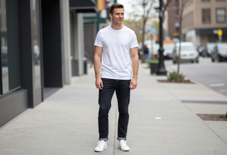 Man in white tee and dark jeans standing on city sidewalk