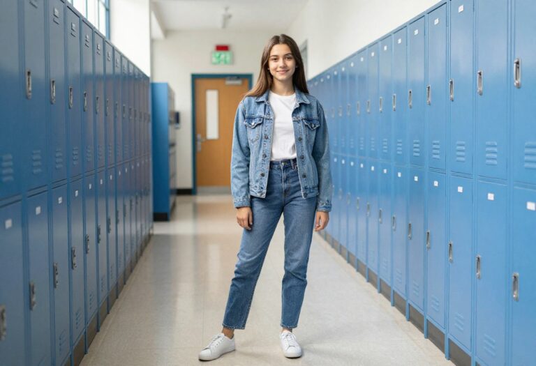 Teenage girl in denim jacket and jeans standing in a high school hallway, casual outfit inspiration.