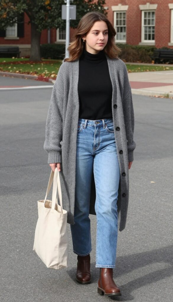 15. Cardigan Coat, Turtleneck, and Straight-Leg Jeans