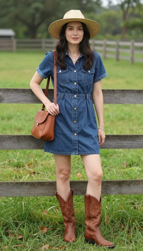 1. Denim Dress + Cowboy Boots + Crossbody Bag
