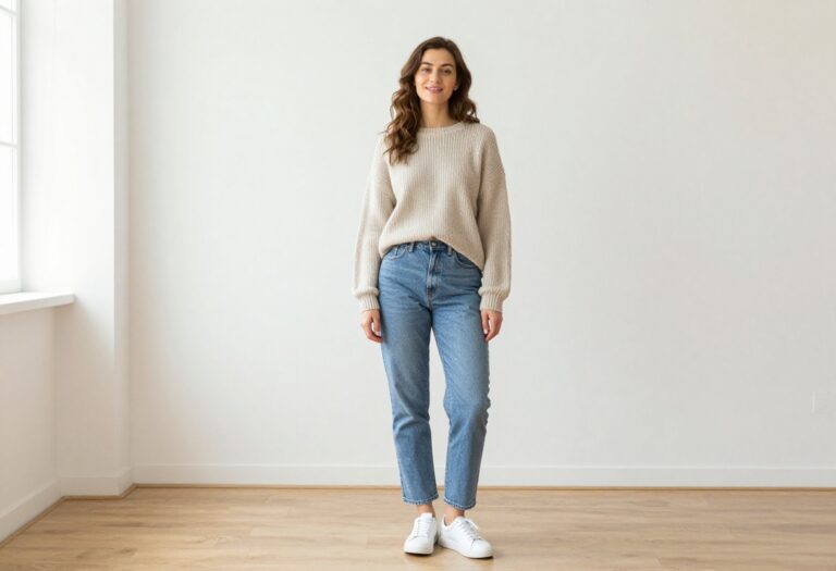 Woman in oversized knit sweater, straight-leg jeans, and white sneakers standing in a bright living room