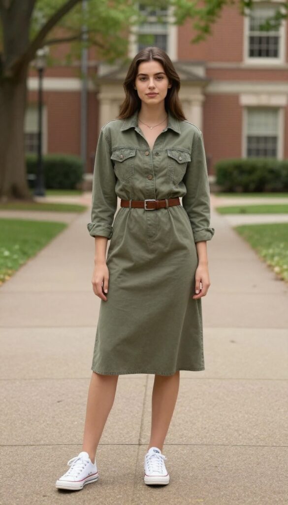 9. Midi Dress with a Belt and Sneakers