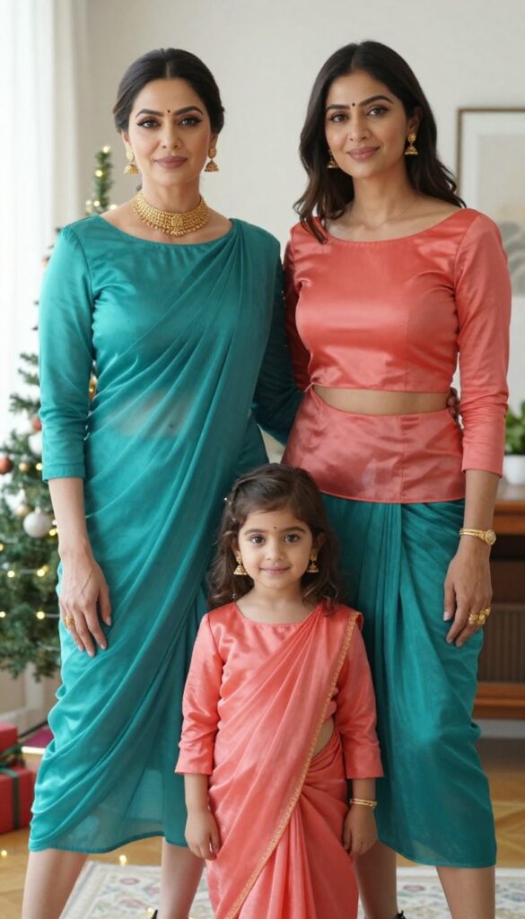 8. Teal and Coral Silk Sarees with Modern Blouses