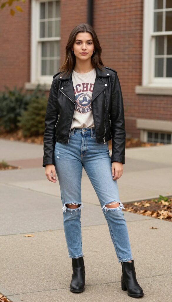 14. Leather Jacket + Band Tee + Ripped Jeans