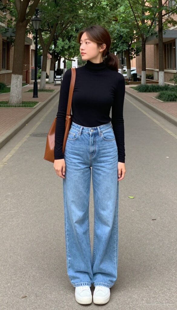 11. Turtleneck and Wide-Leg Jeans
