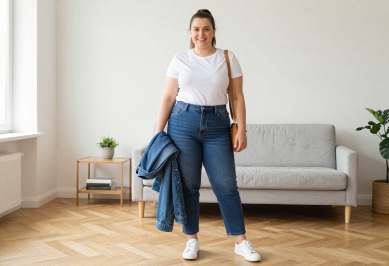 Plus size woman in jeans and white tee with denim jacket, casual everyday outfit
