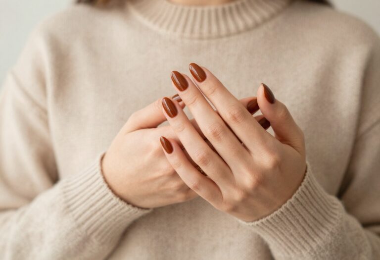 Maple glazed almond nails with glossy finish on a cozy sweater