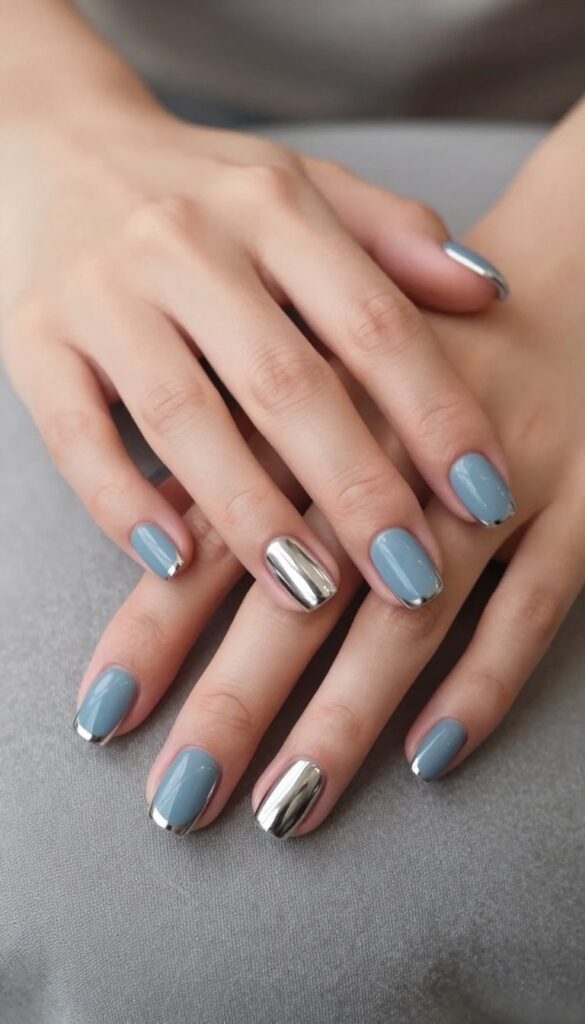 Short square nails with dusty blue base and silver chrome tips