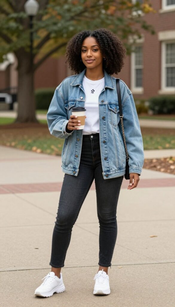 1. Oversized Denim Jacket + Graphic Tee + Wide-Leg Jeans