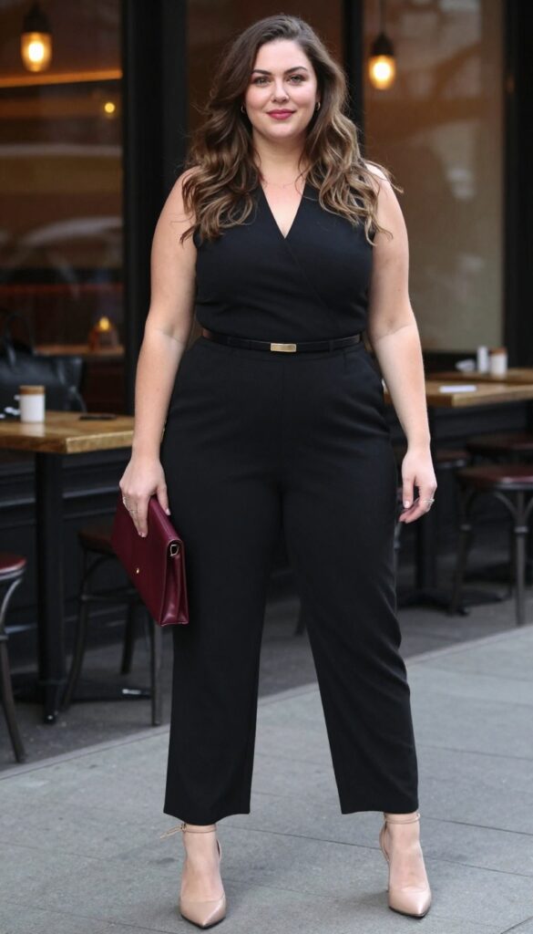 7. Jumpsuit + Belt + Heeled Mules