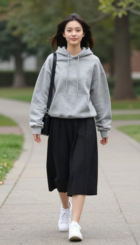 7. Hoodie + Pleated Skirt + Chunky Sneakers