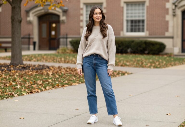 Woman in cozy fall outfit with sweater and jeans on campus