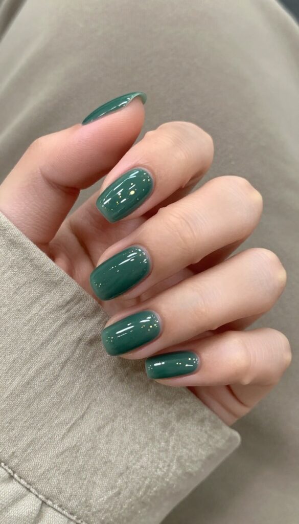 Mossy green gel nails with gold flecks on almond-shaped nails
